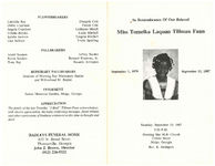 In remembrance of our beloved Miss Tomeika Laquan Tillman Fann, Saturday, September 19, 1987, 3:00 p.m., Morning Star M.B. Church, Collins Street, Meigs, Georgia, Rev. E. Arrington