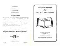 Eulogistic services for Mrs. Alice Jewel Freeman, Saturday, June 7, 1986, 4:00 o'clock p.m., Ebenezer A.M.E. Church, Whigham, Georgia, Rev. Jasper Brown, officiating