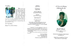 A service of memory celebrating the life of Jewel Harris, Saturday, August 24, 2013, 11:00 a.m., New Jerusalem Missionary Baptist Church, Thomasville, Ga., eulogist- Reverend Sylvester Williams, pastor- Reverend Donald Walker
