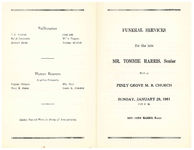 Funeral services for the late Mr. Tommie Harris, Senior, held at Piney Grove M.B. Church, Sunday, January 29, 1961, 2:00 p.m., Rev. John Harris, pastor