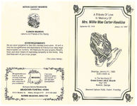 A tribute of love, in memory of Mrs. Willie Mae Carter-Hawkins, Saturday, January 21, 1995, 3:30 o'clock p.m., in the sanctuary of, Green Grove C.M.E. Church, High 200, Newton, Georgia, Reverend Salmon Hollis, pastor, presiding