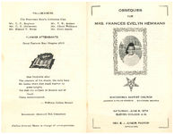 Obsequies for Mrs. Frances Evelyn Hemmans, Macedonia Baptist Church, Johnson & Folks Street, Waycross, Georgia, Saturday, June 8, 1974, eleven o'clock a.m., Rev. E. J. Junior, pastor, officiating