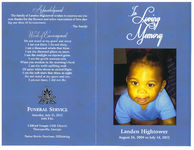 In loving memory, Landon Hightower, funeral service, Saturday, July 21, 2012, 3:00 p.m., Clifford Temple C.M.E. Church, Thomasville, Georgia, Pastor David Harrison, officiating