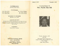 In loving memory of Mrs. Pearlie Mae Hill, Tuesday, December 8, 1987, 2:00 p.m., Full Gospel Church of Deliverance, corner of 7th St. N.W. and 9th Ave., N.W., Cairo, Georgia, Evang. Mary Williams