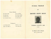 Funeral program for Brother Joseph Hollis, Tuesday, August 2, 1966, 2 p.m., St. Mark A.M.E. Church, Rev. C.M. Huff, pastor