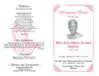 Homegoing services for the late Mrs. Alice Green Jackson Sanders, Monday, February 23, 1998, 11:00 a.m., New Mt. Zion Missionary Baptist Church, 2511 E. Columbus Drive- Tampa, Florida, Reverend Walter J. Williams, pastor officiating