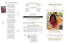 The homegoing service of Sister Lillie Mae Wilkins Jackson, Saturday, March 17, 2012, eleven o'clock in the morning, St. Paul Primitive Baptist Church, T.S. Green Road- Tallahassee, Florida 32309, the Elder Kenton R. Floyd, pastor, Minister Charles Wilkins, eulogist