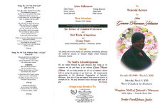 The memorial services for Sister Geneva Freeman Johnson, Saturday, March 9, 2013, three o'clock in the afternoon, Kingdom Hall of Jehovah's Witnesses, Ashville Highway- Monticello, Florida 32344, Brother Herald Johnson, speaker