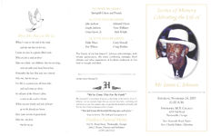 Service of memory, celebrating the life of Mr. James C. Johnson, Saturday, November 24, 2007, 11:00 a.m., Springhill M.B. Church, 4293 Hall Road, Thomasville, Georgia, Rev. Kenneth Boyd, pastor, Rev. Charlie Dunbar, officiating