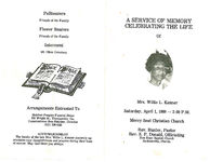 A service of memory, celebrating the life of Mrs. Willie L. Kenner, Saturday, April 1, 1989- 2:00 p.m., Mercy Seat Christian Church, Rev. Hunter, pastor, Rev. S.P. Donald, officiating, Zion Hope Baptist Church, Jacksonville, Florida
