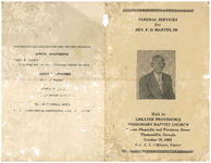 Funeral services for Rev. F.D. Martin, Sr., held at, Greater Providence Missionary Baptist Church, corner Magnolia and Persimon Street, Thomasville, Georgia, October 15, 1962, Rev. A.J. Atkinson, pastor