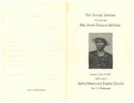 The funeral services for the late Mrs. Annie Rebecca McClain, Sunday, April 24, 1960, 12:00 o'clock, Bethel Missionary Baptist Church, Thomasville, Ga., Rev. I.E. Washington