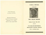 Funeral services of the late Mrs. Millie Monroe, Sunday, October 13th, 1963, 3:30 p.m., the Greater Providence Missionary Baptist Church, Rev. A.J. Atkinson, pastor