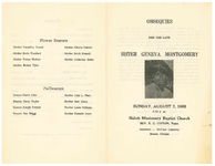 Obsequies for the late Sister Geneva Montgomery, Sunday, August 7, 1966, 3:30 p.m., Shiloh Missionary Baptist Church, Rev. E.C. Cotton, pastor, internment- McCann Cemetery, Boston, Georgia