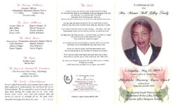 A celebration of life for Mrs. Mamie Bell Gilley Nealy, Saturday, May 23, 2009, eleven o'clock in the morning, Philadelphia Missionary Baptist Church, Fulford Road, Monticello, Florida 32344, the Reverend Joseph Francis, pastor, the Reverend Arthru Gilley, officiant, Dr. Glenda Gilley-Thompson, Eulogist