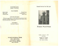 Funeral services for the late Frances Ward Nixon, Sunday, January 31, 1988, 2:30 p.m., Pleasant Grove Baptist, Ochlocknee, Georgia, Rev. Dembo Monroe