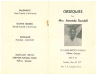 Obsequies for Mrs. Amanda Randall, St. Louis Baptist Church, Pelham, Georgia, 4:00 p.m., Sunday, May 30, 1971, rev. R.B. Cooper, pastor