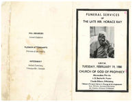 Funeral services of the late Mr. Horace Ray, 3:30 p.m., Tuesday, February 19, 1980, Church of God of Prophecy, Miccosukee, Florida, J.B. Beckwith, pastor, Claude Gibson, officiating