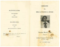 Obsequies for Mrs. Katherine G. Rivers, Thursday, March 3, 1966, 3:30 p.m., Clifford Temple C.M.E. Church, Thomasville, Georgia, rev. W.E. Brown, pastor
