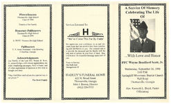 A service of memory celebrating the life of PFC Wayne Bradford Scott, Jr., Wednesday, September 18, 1996, 3:00 p.m., Springhill Missionary Baptist Church, Hall Road, Thomasville, Georgia, rev. Kenneth L. Boyd, pastor officiating