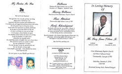 In loving memory of Mr. Leroy James Tillman, Jr., First Missionary Baptist Church, 110 West Calhoun Street, Thomasville, Georgia 31792, Saturday, January 4, 2014, 3:00 p.m., reverend Jeremy Rich, pastor/eulogist