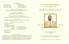 A service of praise and thanksgiving in celebration of the life of Mr. Ernest Everette Vicks, Jr., Saturday, April 28, 2001, 12 noon, Saint Peter African Methodist Episcopal Church, Stephens Street / Camilla, GA 31730, reverend John Thomas, Sr., pastor