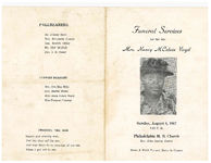 Funeral services for the late Mrs. Nancy Mcelvin Virgil, Sunday, August 6, 1967, 3:30 p.m., Philadelphia M.B. Church, rev. John Harris, pastor