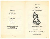 Obituary of the late rev. Willie Washington, Tuesday, June 28, 1977, 3:00 o'clock p.m., Piney Grove Missionary Baptist Church, Thomasville, Ga.