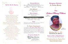 Homegoing celebration in loving memory of sister Rebecca Murray Williams, Saturday, June 27, 2009, one o'clock in the afternoon, Church of God in Unity Tabernacle, 709 West Boundry Street * Quitman, Georgia, bishop Leroy Jackson, Jr., presiding bishop, pastor Dorothy Glass, presider, bishop Frank Goins, eulogist