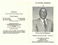 In loving memory of deacon Carwell Willingham, Saturday, January 10, 1987 - 2:00 p.m., Union Hill M.B. Church, Highway 202, Ochlocknee, Georgia, officiating minister, rev. Roosevelt Woodruff