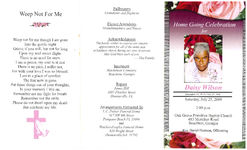 Home going celebration for Daisy Wilson, Saturday, July 25, 2009, 2:00 p.m., Oak Grove Primitive Baptist Church, 483 Meridian Road, Beachton, Georgia, rev. Darryl Harrison, officiating