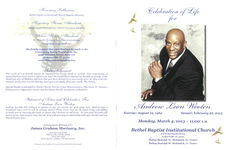 Celebration of life for Andrew Leon Wooten, Monday, March 4, 2013 - 11:00 a.m., Bethel Baptist Institutional Church, 215 Bethel Baptist Street, Jacksonville, FL 32202, bishop Rudolph W. McKissick, Sr., pastor, bishop Rudolph W. McKissick, Jr., pastor