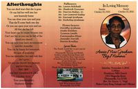 In Loving Memory, Annie Mae Graham "Big Momma", Saturday, November 5, 2016, 11:00am, Providence MB Church, 1215 Magnolia Street, Thomasville, Ga 31792, Rev. Dr. Emory C. Virgil, Pastor Corey King, Eulogist and Officiant