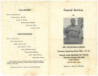 Funeral services for Rev. Sister Della Green, Thursday, September 22nd 1966- 3 p.m., Pillar and Ground of Truth, Truth Church of God, Cairo, Georgia, Elder H. Green, pastor, Bishop P.J. Fletcher, officiating