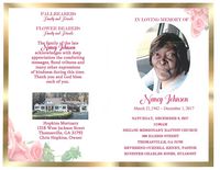 In Loving Memory of Nancy Johnson, March 21, 1942-December 1, 2017, Saturday, December 9, 2017, 11:00 AM, Shiloh Missionary Baptist Church, 300 Harris Street, Thomasville, GA 31792, Reverend Curnell Henry, Pastor, Minister Charles Jones, Eulogist