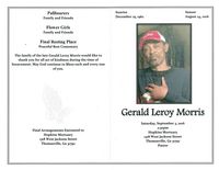 Gerald Leroy Morris, Saturday, September 3, 2016, 2:30pm, Hopkins Mortuary, 1318 West Jackson Street, Thomasville, Ga 31792, Pastor