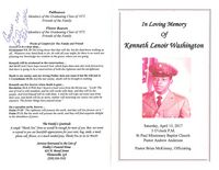 In Loving Memory of Kenneth Lenoir Washington, Saturday, April 15, 2017, 3 O'clock P.M., St. Paul Missionary Baptist Church, Pastor Andrew Anderson, Pastor Brian McKinney, Officiating